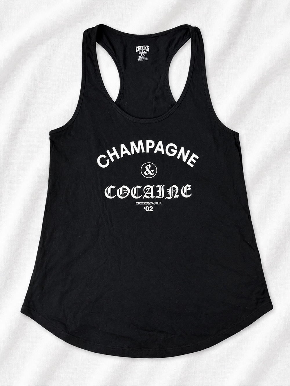 Crooks & Castles Black Racerback Tank with White 'Champagne & Cocaine' Graphic